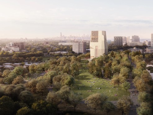 Aerial view of a park with a Vals Quartzite building at its center, surrounded by trees. People are scattered across the grassy field, and the city skyline is visible in the background under a clear sky.