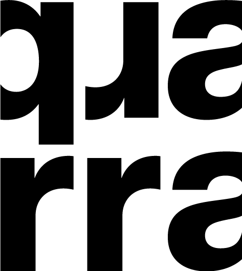 The image shows black, bold lowercase letters spelling quarr vertically in a large, modern font on a white background, with the letters overlapping slightly.