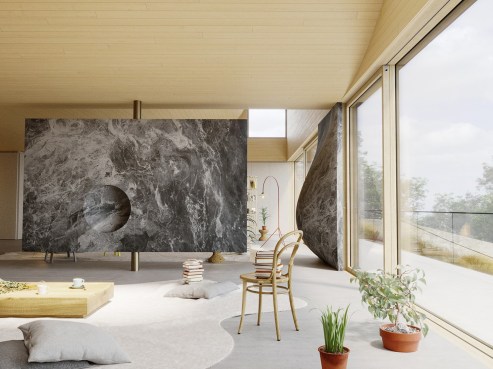 The modern living room, reminiscent of a high-end headquarters, features a large marble partition with circular cutout design. Floor-to-ceiling windows offer a scenic view, enhancing the minimalist furniture—wooden table, chairs, and potted plants in a neutral palette bathed in natural light.