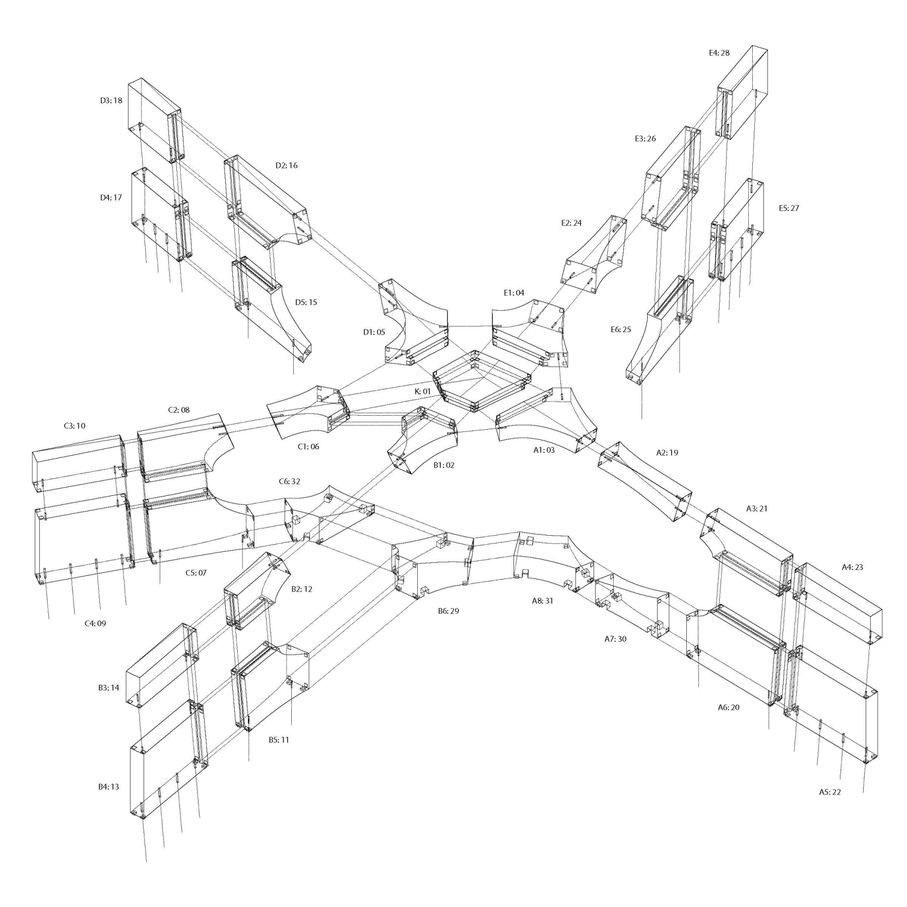 Isometric line drawing of a complex architectural framework reminiscent of the Collier Memorial, with interconnected rectangular components labeled in alphanumeric codes. The design features symmetrical branching from a central intersection.