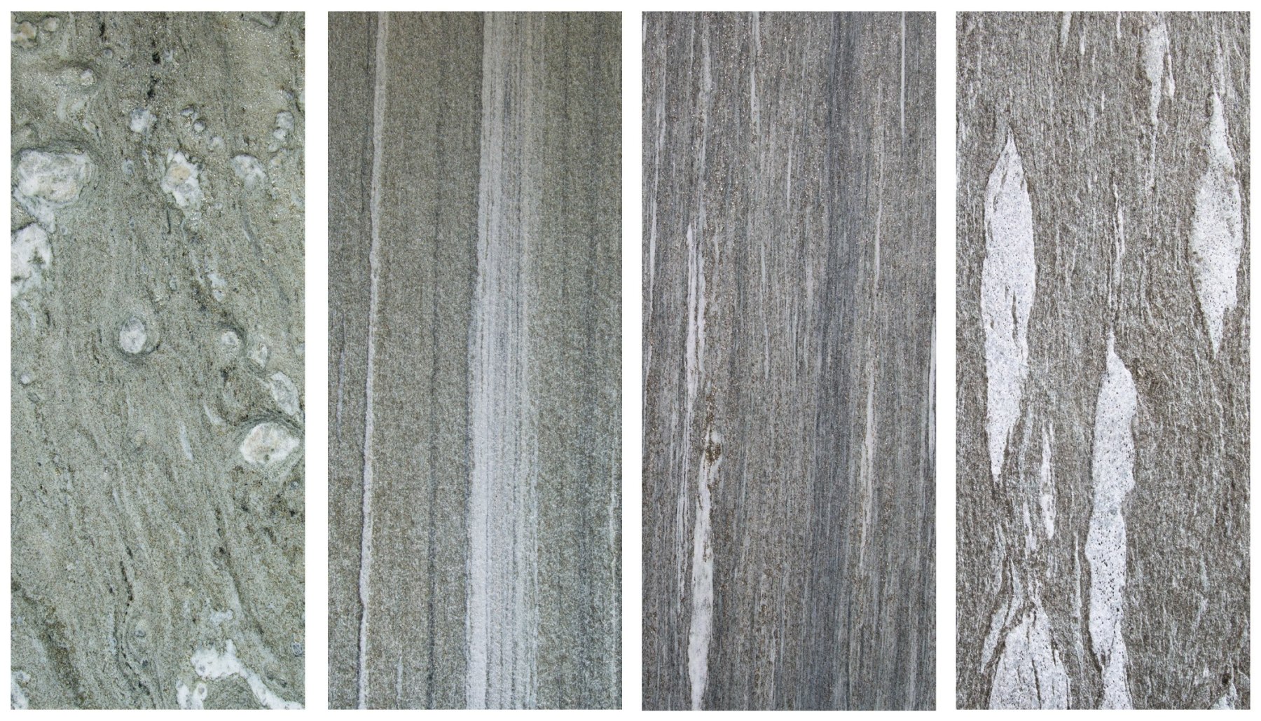 Four vertical slabs of gray and white marble, each with distinct veining patterns, resemble the elegance of Vals Quartzite. The first slab features swirling veins; the second has subtle, linear striations; the third displays bold, elongated streaks; and the fourth shows irregular, wavy lines.