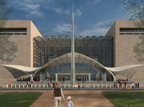 A modern museum entrance with a glass facade and curved architectural elements evokes the grandeur of the United States Supreme Court under a blue sky. A woman and child walk towards the entrance on a paved path, surrounded by grassy areas and trees, as people gather near the building.