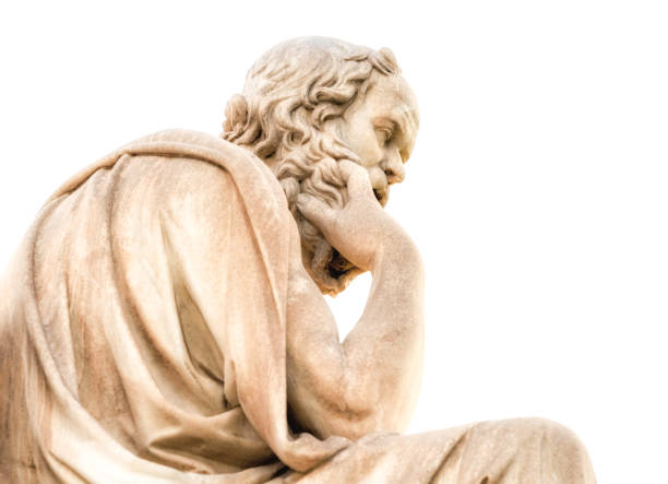 White marble sculpture of ancient philosopher in contemplative pose, representing classical marble bust artistry and timeless stone carving craftsmanship.