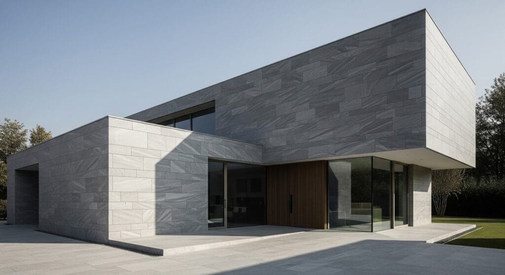 A modern house with a minimalist design, featuring large geometric shapes, gray Vals Quartzite exterior walls, and expansive glass windows, set against a clear sky and surrounded by a clean patio and green lawn.
