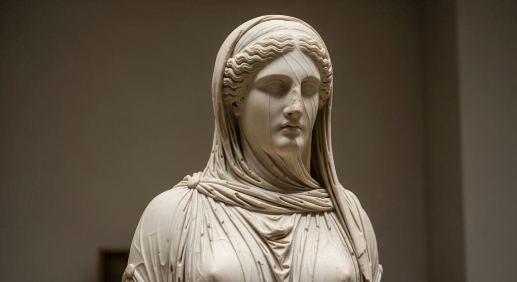 A marble statue of a woman draped in flowing robes, with a serene expression and wavy hair partially covered by a veil, stands against a plain background reminiscent of Vals Quartzite, evoking the timeless elegance of natural stone.