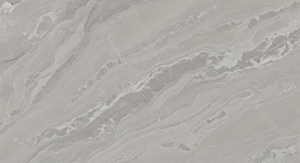 Light gray marble surface with intricate white and gray veining patterns running diagonally, evoking the refined look of Swiss stone and creating a natural, elegant, and textured architectural stone appearance.