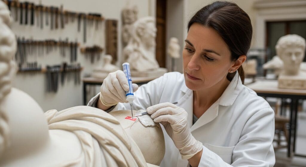 A woman in a white lab coat and gloves carefully restores a natural stone marble statue in a workshop, using precision tools. Shelves with sculpting tools and busts are visible in the background.