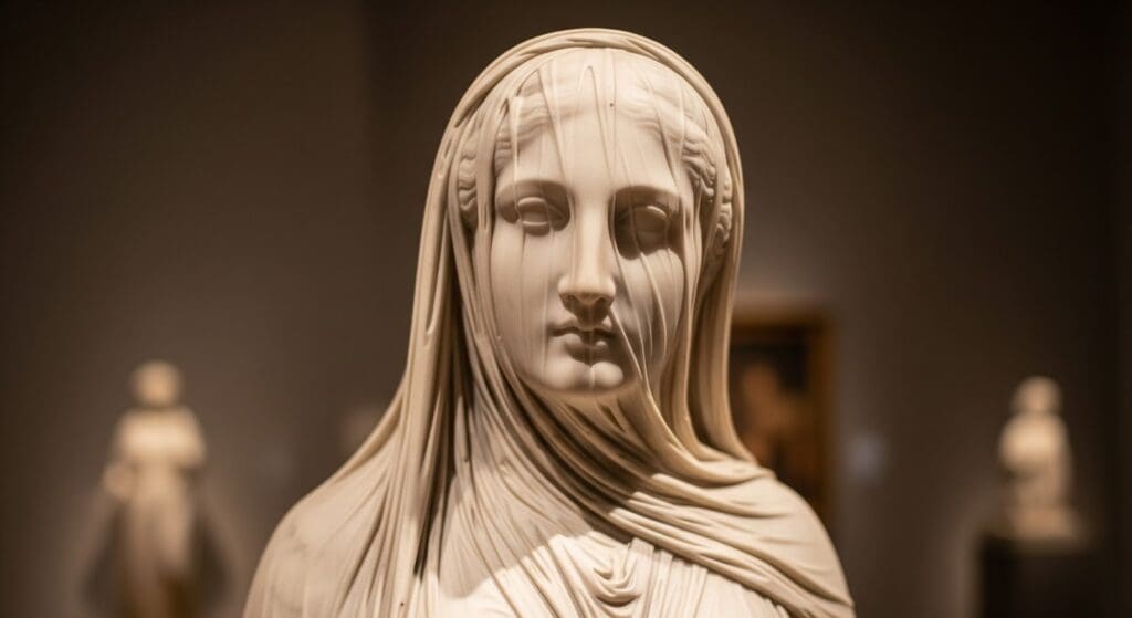 A marble statue of a woman with a serene expression, draped in a veil that delicately clings to her face and head, creating a translucent effect; the background is softly blurred with other natural stone statues visible.
