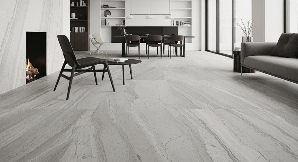 Modern living and dining area with large gray quartzite-look floor tiles, black chairs, a fireplace, minimalist furniture, shelves, and large windows letting in natural light.