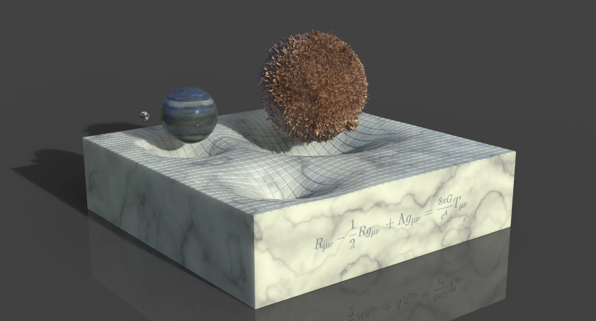 A 3D model shows spheres of different sizes and textures distorting a grid on a marble slab, illustrating gravitational fields and spacetime curvature, with Einstein’s field equation engraved on the side.