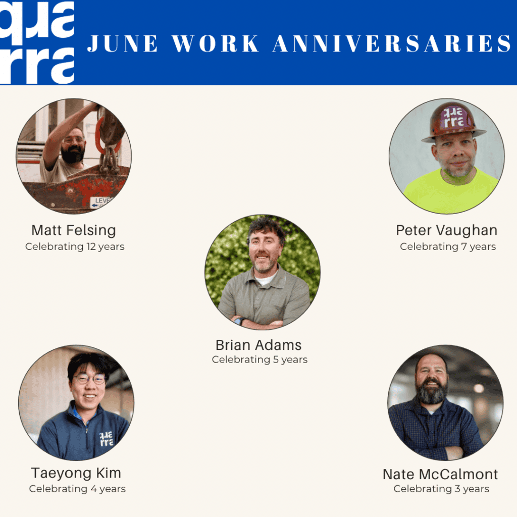 Five employees from Quarra Stone Company are pictured with their names and June Work Anniversaries: Matt Felsing (12 years), Peter Vaughan (7 years), Brian Adams (5 years), Taeyong Kim (4 years), and Nate McCalmont (3 years).