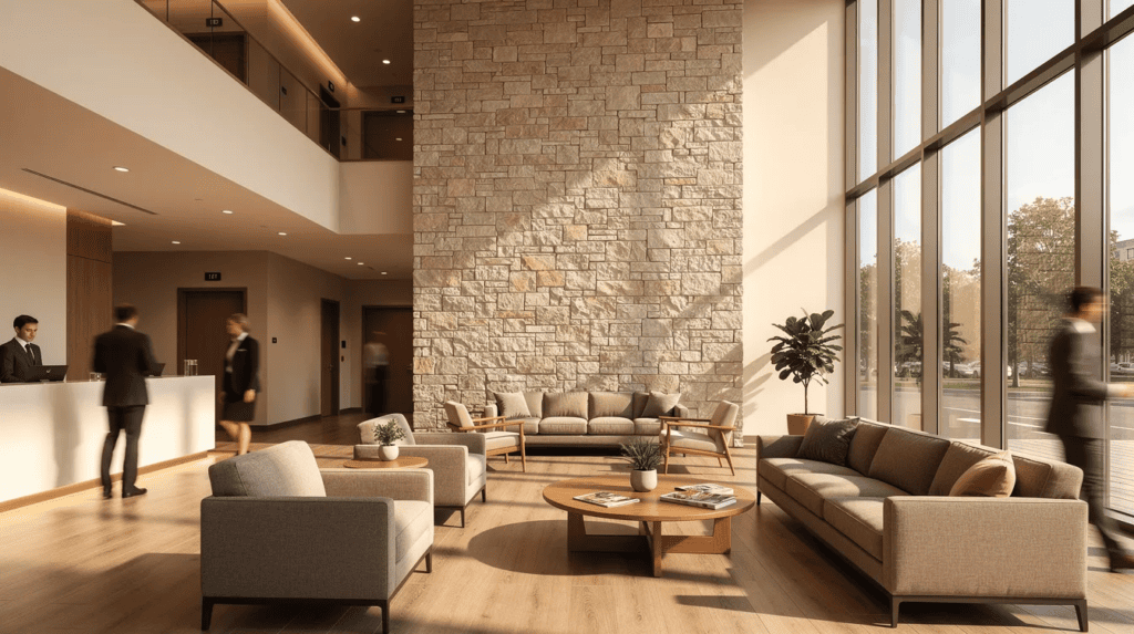 A modern office lobby with large windows, neutral-toned sofas and chairs, a stone accent wall showcasing architect and stone fabricator collaboration, indoor plants, and people near the reception. Sunlight streams in, creating a bright, welcoming atmosphere.