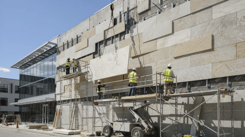 Construction workers in safety gear, collaborating with a stone fabricator, install large stone slabs on the exterior of a modern building using scaffolding and a crane under a clear blue sky.