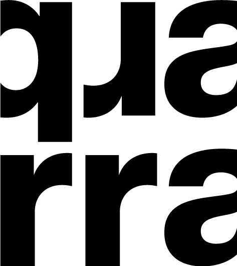 Bold black lowercase letters q u a r r a arranged in two rows on a white background, with the top row mirrored upside down. Modern, abstract typographic design.