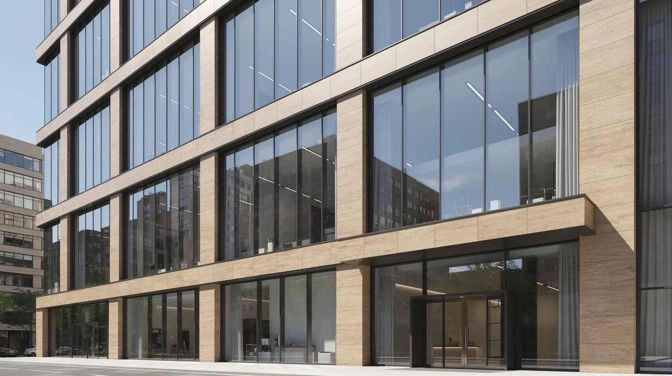 A modern office building with large glass windows and beige stone accents showcases the collaboration between architect and stone fabricator; the entrance features glass doors and a clean, minimalist street view.