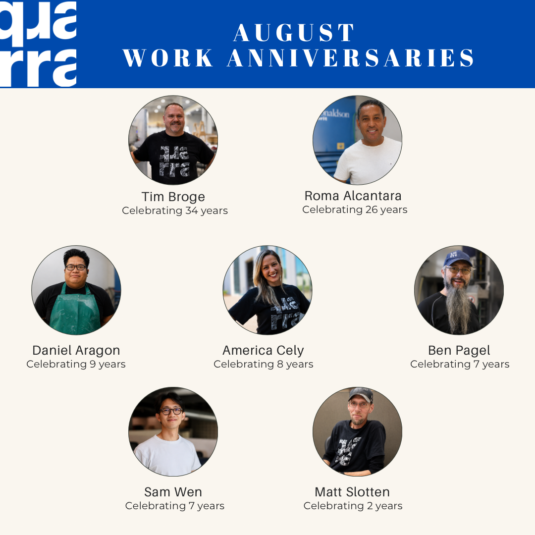 Quarra Stone Company August Work Anniversaries graphic featuring team portraits and years of service.